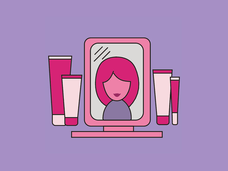 Beauty products and mirror with person illustration on purple background.